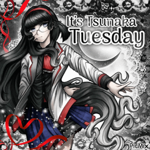 a black and white drawing of a girl with the words it 's tsunaga tuesday