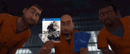 a group of men are holding a ps3 game called drakengard 5