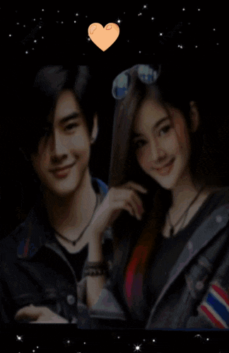 a man and a woman standing next to each other with a heart in the background