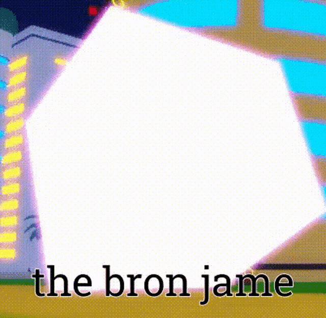 a cartoon character is flying through the air in front of a large white cube with the words `` the bron jame '' on it .