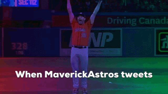 a baseball player celebrates with his arms in the air and the words when maverick astros tweets below him