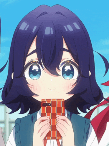 a girl with purple hair is holding a phone in her hands