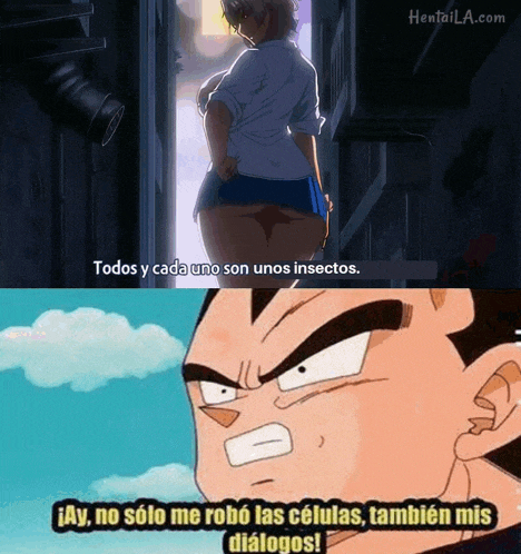 a cartoon character says " todos y cada uno son unos insectos " next to a woman in a short skirt