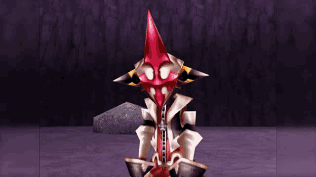 a video game character with a red pointed hat and a chain around his neck