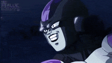 a cartoon character with a purple helmet and the words blue animation behind him
