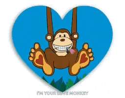 a monkey is hanging from a rope in a heart shaped sticker .