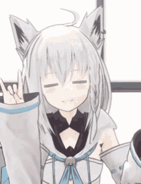 a cartoon character with white hair and ears is giving a peace sign