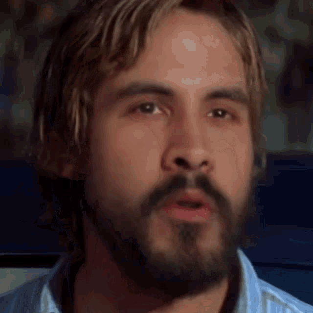 a close up of a man with a beard and blonde hair .