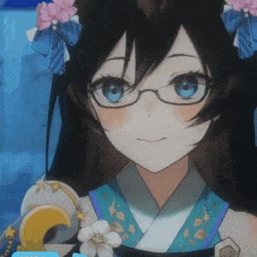 a girl with glasses and flowers in her hair