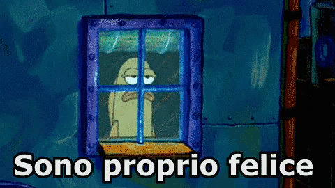 a cartoon character is looking out of a window with the words sono proprio felice below it