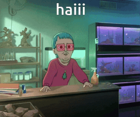a cartoon of a man standing behind a counter with haiii written on it