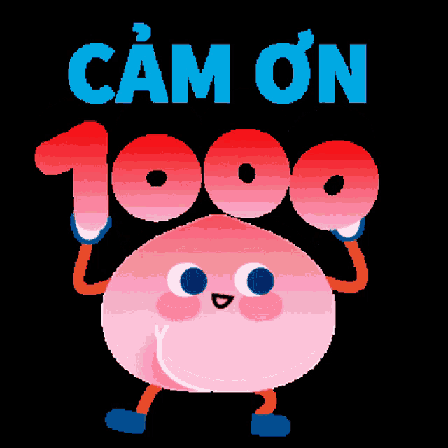 a cartoon peach with arms and legs is holding up the number 1000 in front of a black background