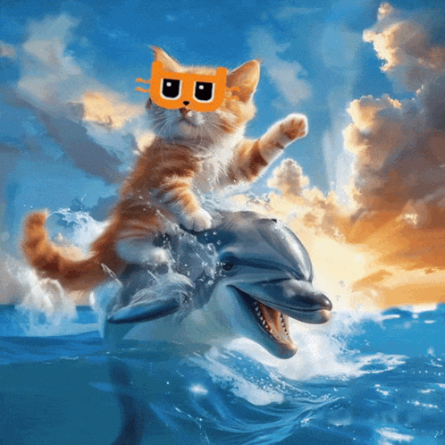 a cat wearing sunglasses is riding on the back of a dolphin in the ocean