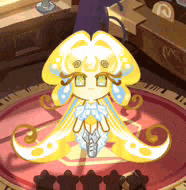 a cartoon character is sitting on a red carpet in a room surrounded by stars .