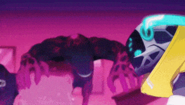 a robot with a helmet that says ' nintendo ' on it is standing in front of a pink background