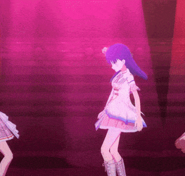 two anime girls are dancing on a stage with purple lights