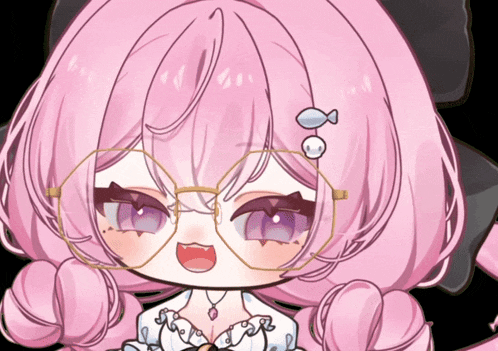 a drawing of a girl with pink hair wearing glasses and a fish in her hair