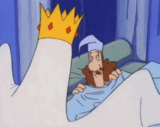 a cartoon of a man in a bed with a goose with a crown on it .