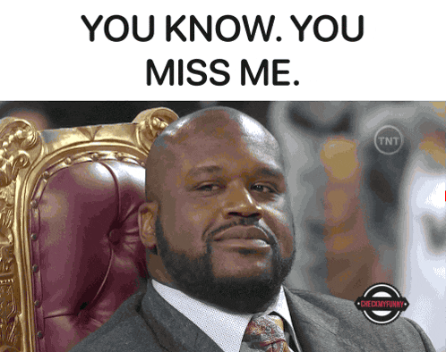 a man in a suit and tie sits in a chair with the words you know you miss me above him