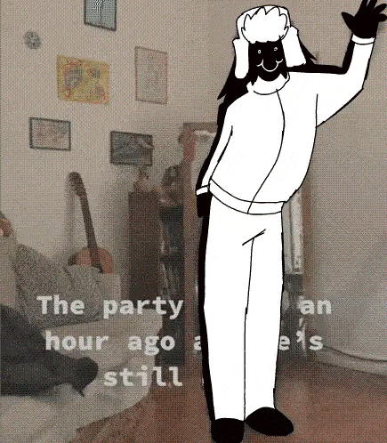 a black and white drawing of a person standing in a living room waving .