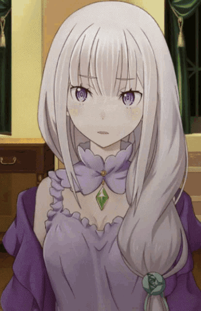 a girl with white hair and purple eyes is wearing a purple top