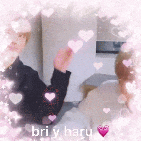 a picture of two people with pink hearts and the words bri y haru on it