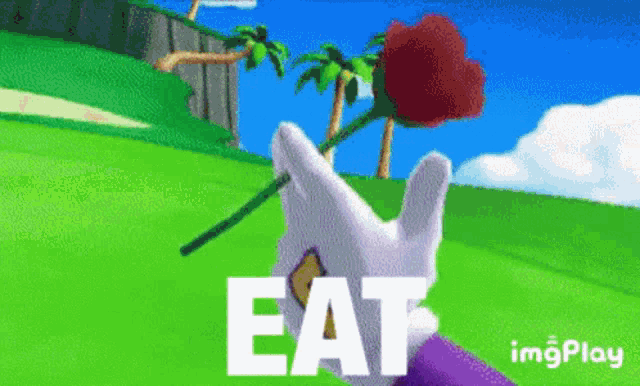 a cartoon character is holding a red rose with the word eat written below it