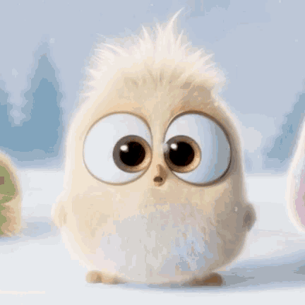 a cartoon owl with big eyes is standing on a snowy surface .