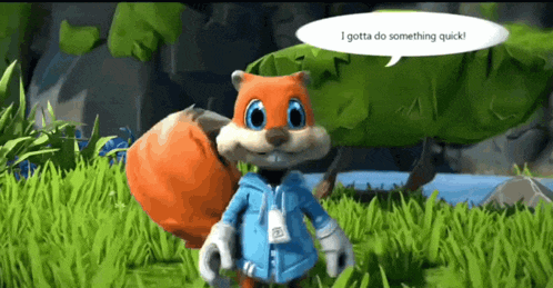 a cartoon squirrel is standing in the grass with a speech bubble that says i gotta do something quick