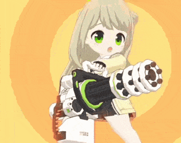 a girl with green eyes is holding a gun in front of a polka dot background