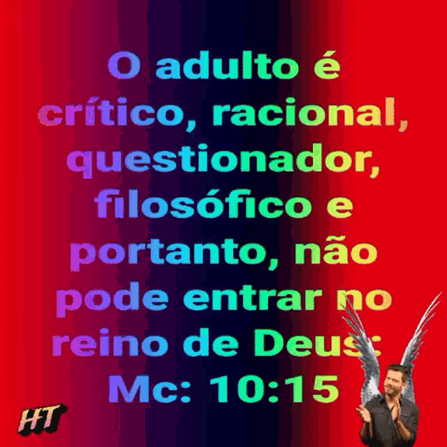 a man with wings is praying in front of a red and blue background with a quote from the bible