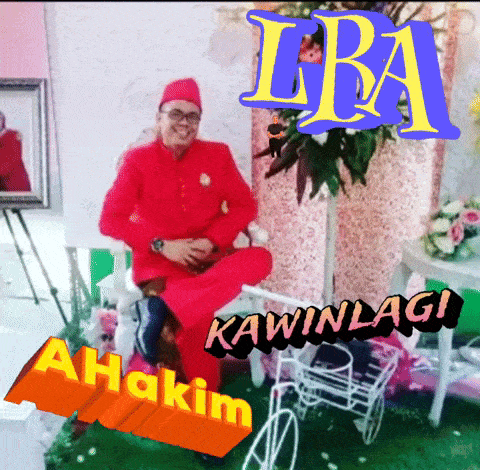 a man in a red suit sits on a chair with a sign that says lba kawinlagi behind him