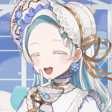 a drawing of a girl with blue hair and a white dress