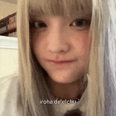 a close up of a woman 's face with the words iroha de elchu written below her