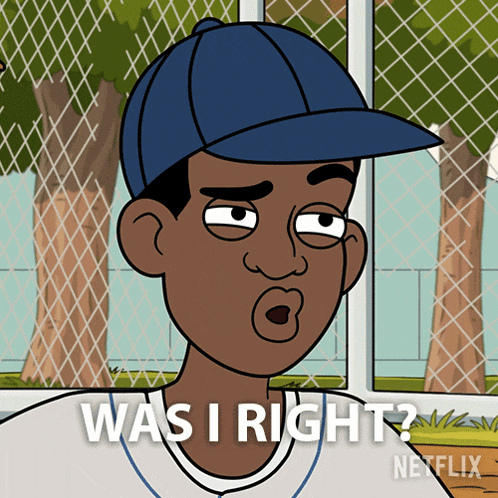 a cartoon baseball player says " was i right " in front of a fence