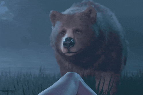 a woman with horns looks at a bear