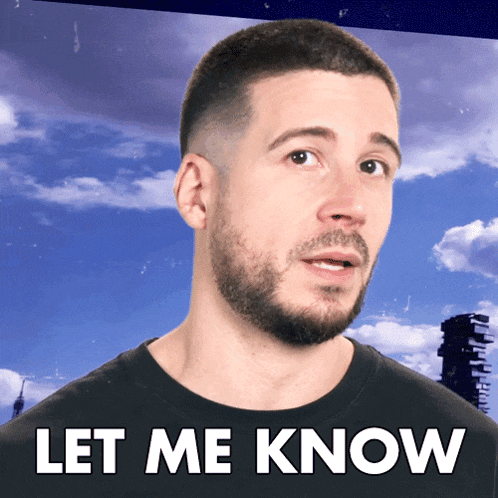 a man with a beard says let me know in front of a blue sky with clouds