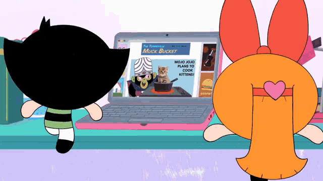 two cartoon characters looking at a laptop screen that says mock bucket on it