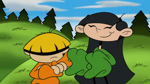 a cartoon of a boy and a girl in a field with trees in the background