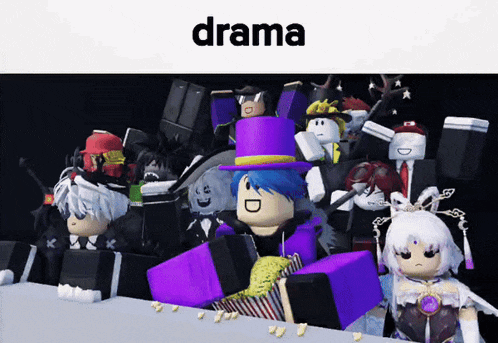 a group of roblox characters are gathered around a table with the word drama on the top