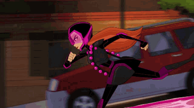 a cartoon of a girl in a black and purple costume