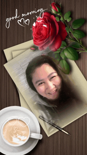 a picture of a woman next to a cup of coffee and a rose with the words good morning
