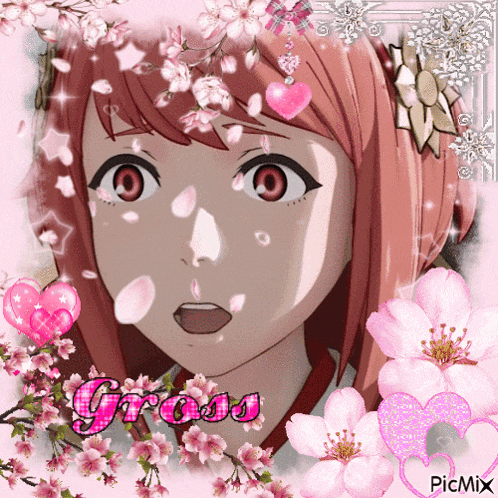 a picture of a girl with pink flowers and the word gross