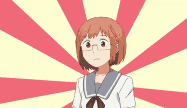 a girl with glasses is flexing her muscles in front of a red and yellow striped background