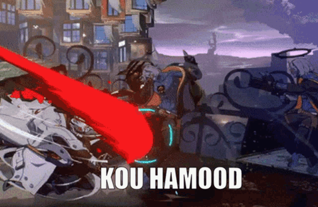 a video game character is holding a red sword and says kou hamood