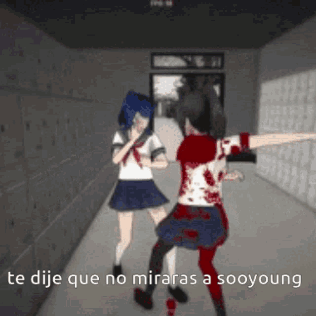 a couple of anime girls standing next to each other in a hallway with the words `` te dije que no miraras a sooyoung ''