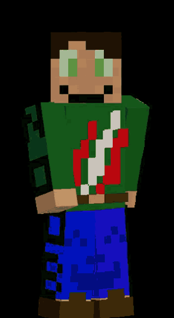 a minecraft character is wearing a green sweater with a red white and blue design on it