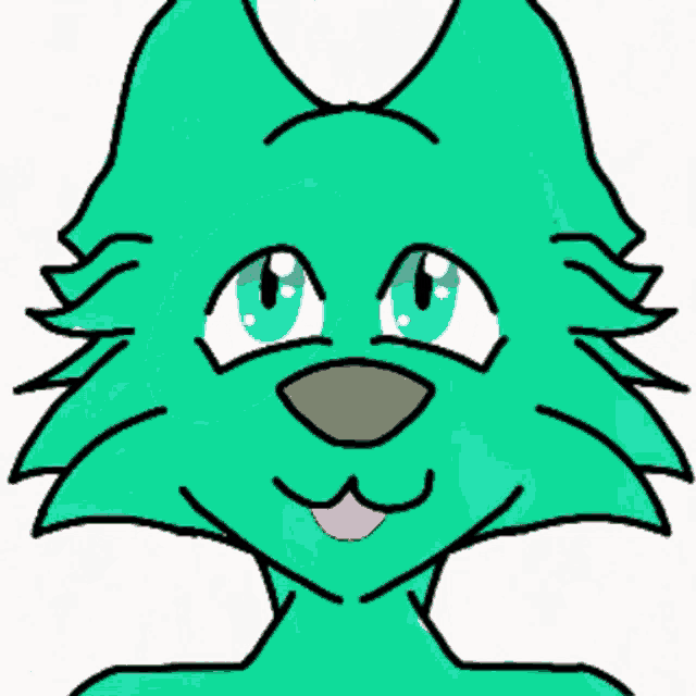 a cartoon drawing of a green cat with blue eyes and a pink tongue