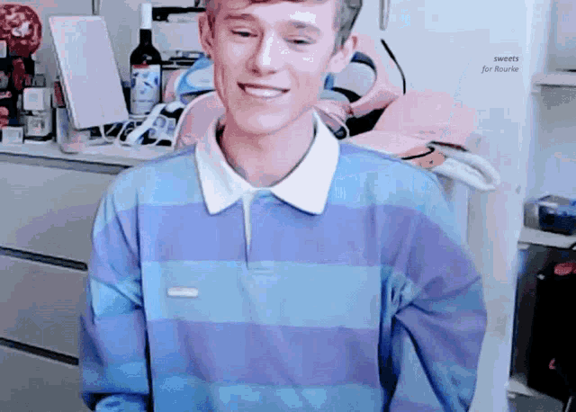 a young man in a blue and purple striped shirt stands in front of a refrigerator that says sweets for rookie