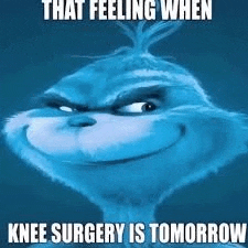 a grinch meme that says `` that feeling when knee surgery is tomorrow ''